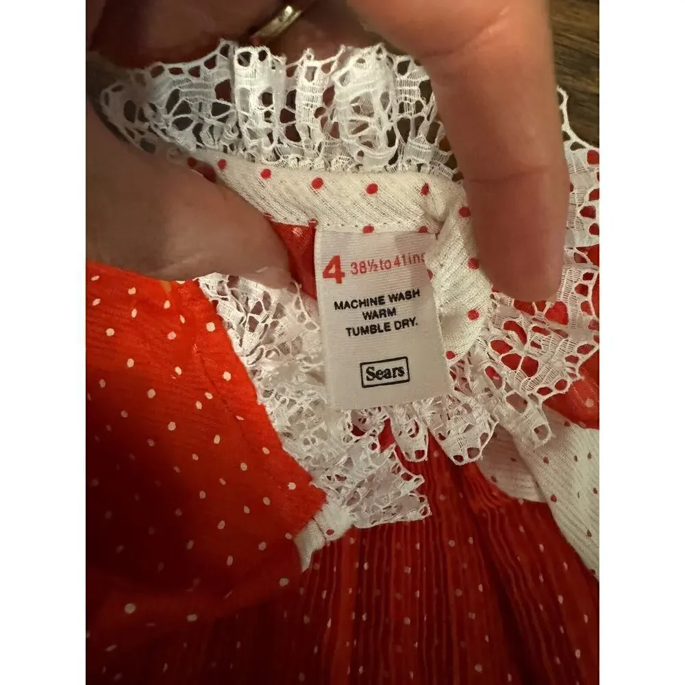 Vintage Sears Girls Dress Red White Long Sleeve Sz:4